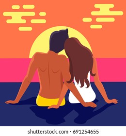 Couple in love sits on sandy beach and looks at blue deep ocean and sky with clouds vector illustration. Happy lovers at sunset