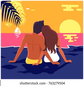 Couple in love sits on sandy beach and looks at blue deep ocean among tropical palms and sky with white clouds vector illustration banner