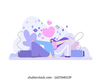 Couple in love is sitting back to each other. Concept flat design