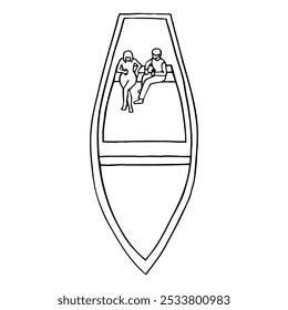 casal apaixonado sentado em um barco segurando bebidas, vista superior - esboço de linha desenhada à mão
