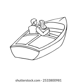 couple in love sitting in a boat hugging, back view - hand drawn line sketch