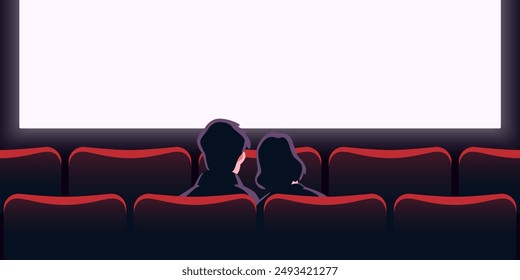 Couple in love sitting in cinema hall with blank screen. View from back. Rows of seats, red cinema chairs. Theater empty scene. Movie theatre. Flat style cartoon design. Vector eps10 illustration.