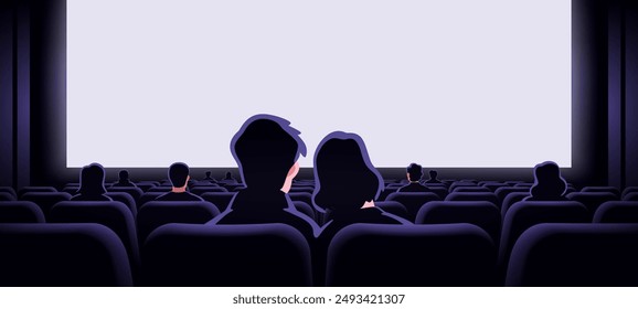 Couple in love sitting in cinema hall with blank screen. View from back. Rows of seats, red cinema chairs. Theater empty scene. Movie theatre. Flat style cartoon design. Vector eps10 illustration.