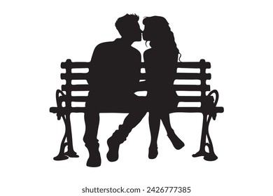 Couple in love sitting on a bench vector silhouette illustration isolated on white background.