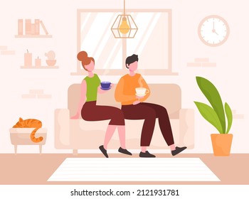 Couple in love sitting on couch. Man and woman in relationship relax in apartment, drink hot coffee and communicate. Couple spend time together. Cozy house with cat. Cartoon flat vector illustration