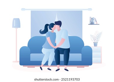 Pareja enamorada sentada en el sofá y besándose, interior de la sala de estar con muebles. Personajes masculinos y femeninos en estilo de moda. Retrato familiar. Ilustración vectorial