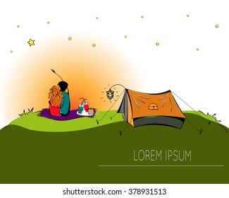  Couple in love sitting on the grass on a hill hugging together. Couple outside in the picnic, looking at the stars at night. Camping, resting with tent. Spring and summer time. illustration on white 