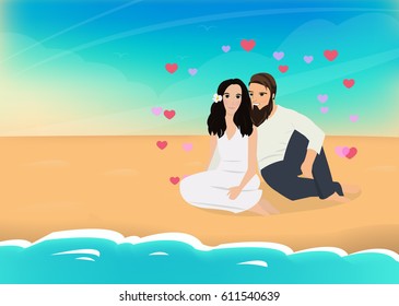 Couple in love sitting on the ocean beach. People characters. Summer vacation honeymoon. Family, wife and husband. - stock vector