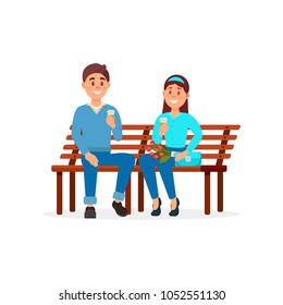 Couple in love sitting on the park bench vector Illustration on a white background