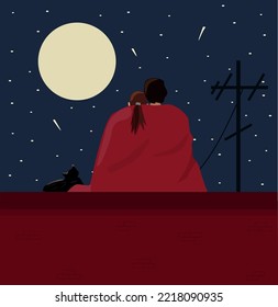 Una pareja enamorada está sentada en el techo y mirando el cielo nocturno, las estrellas y la luna. Ilustración vectorial.