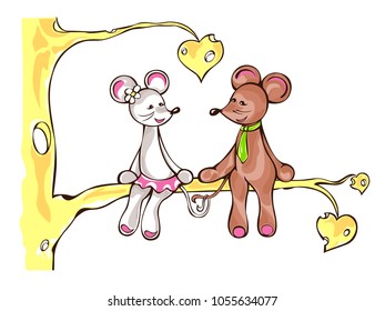 Couple in love sitting on the tree branch. Illustration of two mice on the cheese tree.