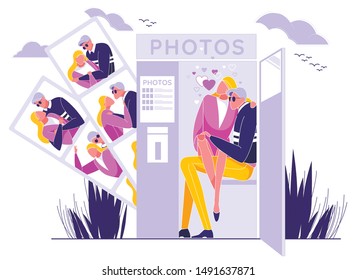 Couple in Love Sitting in Photo Booth Cabin and Taking Photos Flat Cartoon Vector Illustration. Man and Woman Having Romantic Shots, Different Portraits. Boyfriend and Girlfriend on Date.