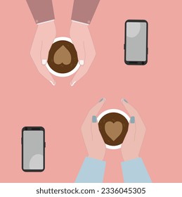 Ein verliebtes Paar saß an einem Tisch in einem Café und hielt eine Tasse Kaffee.