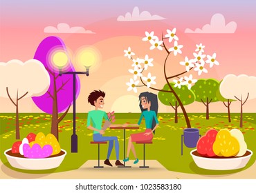 Couple in love sitting at table on sunset in green blossom park. Smiling man holds bouquet of five tulips vector illustration.