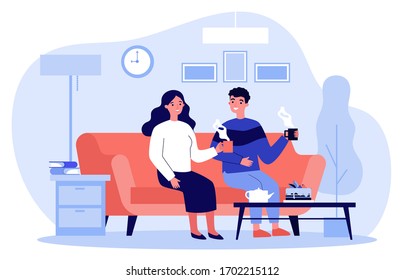 Couple in love sitting together at sofa with cups of coffee and talking flat vector illustration. Man and woman living in apartment Romantic relations and home concept