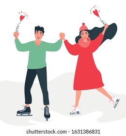 A couple in love are skating on an ice rink. Winter sports, walking, active lifestyle. Skating. Vector romantic illustration