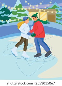 a couple in love is skating on an ice skating rink. concept of love, winter