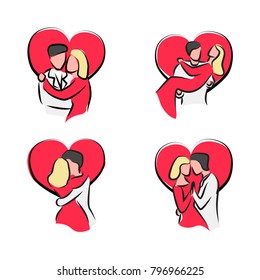 Couple in love sketch set. Stock vector illustration of a man and a woman in romantic poses for valentine day decotarion.