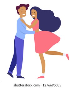 Couple in love spending time together cuddling pair vector. Woman and man happy to hug and touch each other romantic date of boyfriend and girlfriend smiling. Romance relationship of people isolated