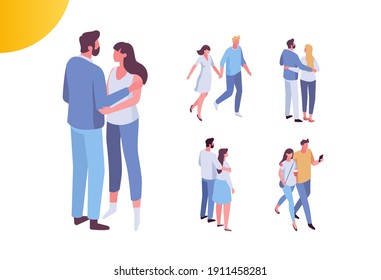 Couple in love spending time together, isometric people vector set isolated on white. Men and women. 