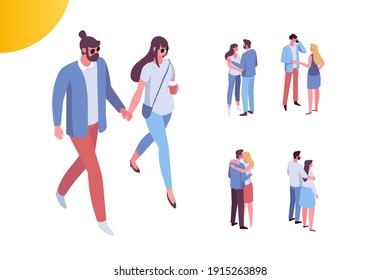 Couple in love spending time together, isometric people vector set isolated on white. Men and women. 