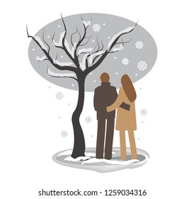 Couple in love standing by a tree while snowing vector illustration.