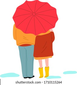 Couple in love standing and hugging under big red umbrella