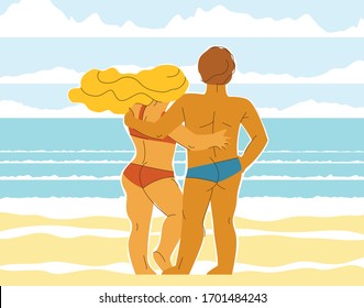 Couple in love standing on seashore beach and watching the sea vector illustrations, husband and wife, honeymoon lovers summer vacations, rest relax seaside tranquil calm.