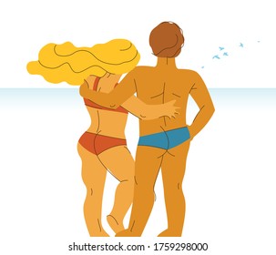 Couple in love standing on seashore beach and watching the sea vector illustrations, husband and wife, honeymoon lovers summer vacations, rest relax seaside tranquil calm.