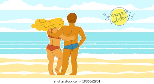 Couple in love standing on seashore beach and watching the sea vector illustrations, husband and wife, honeymoon lovers summer vacations, rest relax seaside tranquil calm.