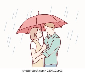 couple in love standing in the rain under an umbrella. Hand drawn style vector design illustrations.