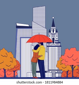Couple in love stands hugging under an umbrella against the background of the city.Autumn illustration.
