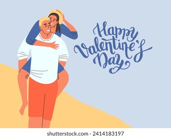 Couple in love strolling along seashore. Happy Valentine's day lettering. Flat vector illustration.