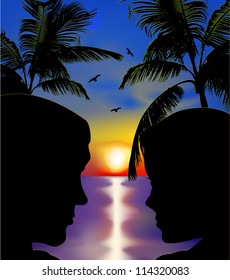 Couple in love at sunset. Vector illustration
