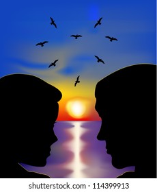 Couple in love at sunset. Vector illustration