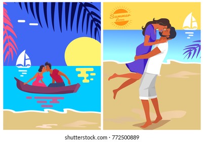 Couple in love swims on purple canoe and kisses at sunset in water vector illustration. Woman in dress and man in T-shirt and jeans at sunsrt