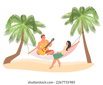 Couple in love swinging in hammock on tropical beach at exotic resort vector illustration. Boyfriend singing romantic song and playing guitar for girlfriend. Dating, honeymoon or vacation concept