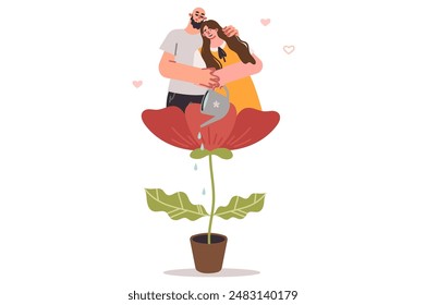 Couple in love takes care of creating strong family, watering plants to achieve reliable relationship. Happy man and woman enjoy married life and opportunity to lead peaceful family life