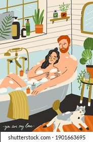 Couple in love taking bath together. Happy young man and woman in romantic relationships relaxing in bathroom. Lovers in bathtub. Hand-drawn vertical postcard. Colorful flat vector illustration