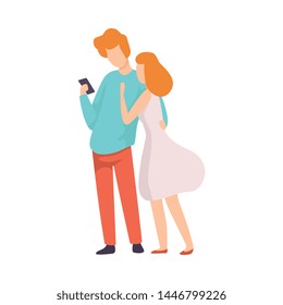 Couple in Love Talking to Each Other, Man Looking at His Smartphone Vector Illustration