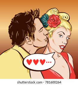 A Couple in love.  A talking, flirting girl with a speech bubble. Colored vector illustration in a comic style.