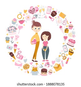 Couple in love. A tall boy gives a girl a Valentine's Day gift. A circle made of festive elements. Friendly postcard. Cute baby illustrations in hand drawn cartoon style