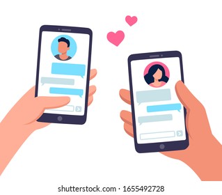 Couple in love texting. Male and female hand holding smartphones with text messages chat. Online dating app relationship.