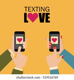 Couple in love texting through mobile phone. Smartphone chat with hearts vector. Flat design cartoon illustration of man and woman hands holding mobile telephone.