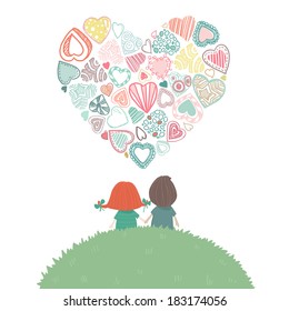 Couple in love together, cute romantic concept with big shape of heart. Vector illustration