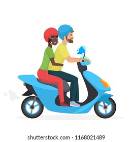 Couple in love together on scooter. Young happy pair, white man and african american woman riding a motorbike. Trendy gradient color vector illustration.