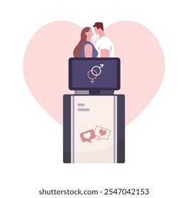 Couple in love together. Young male and female stand behind x-ray monitor with hearts and gender symbols on screen. Romantic vector concept