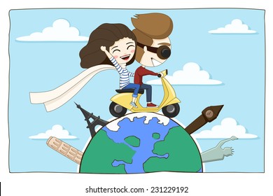 couple in love traveling around the earth the yellow scooter  cartoon vector illustration and the main attractions the world