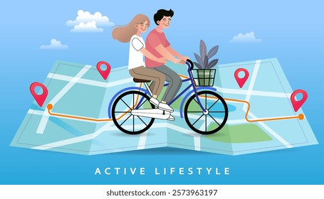 couple of love traveling on bikes. Modern design for travel, active lifestyle. Courier riding bike and checking address on phone. Cycle ride touring vector illustration