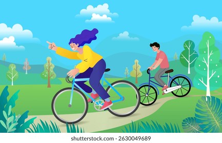 couple of love traveling on bikes. Modern design for travel, active lifestyle. Courier riding bike and checking address on phone. Cycle ride touring vector illustration